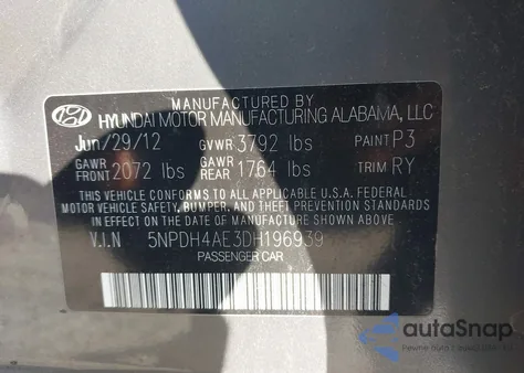 2013 Hyundai Elantra Limited z USA, uszkodzony, nr VIN 5NPDH4AE3DH196939